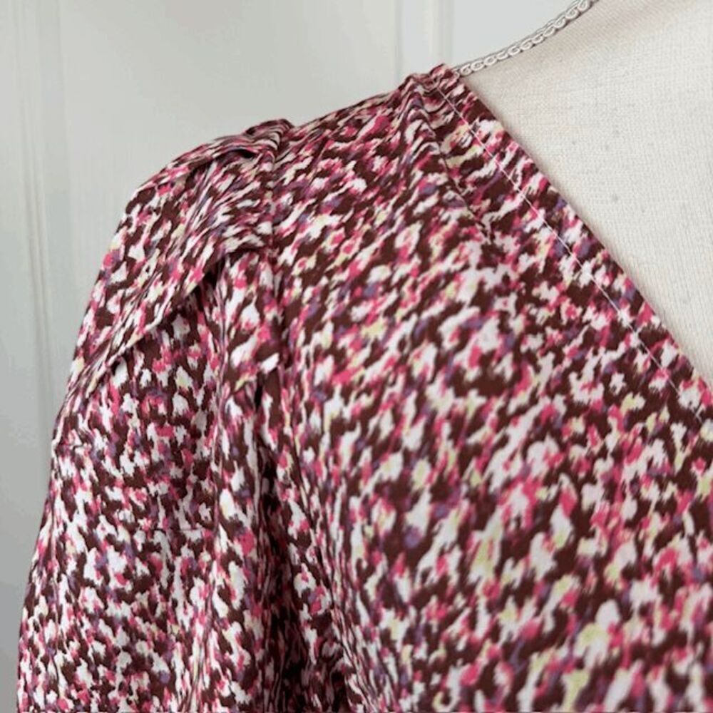 Universal Thread Pink Brown Print Elbow Puff Sleeve Ruched Mini Dress Size 6 - Picture 3 of 13